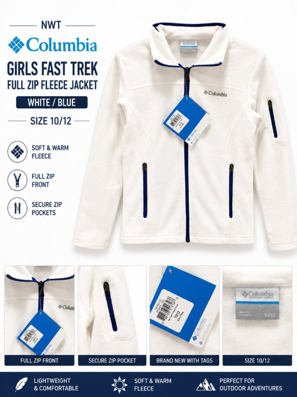 NWT Columbia Fast Trek Full Zip Fleece Jacket White Blue Girls 10/12